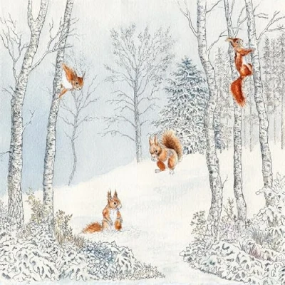Image of 20 Napkins Winter Squirrel in Snow Covered Forest as Table Decoration Paper with Motif Also for Decoupage and 33 x cm