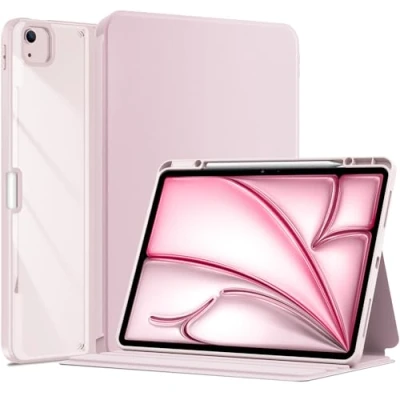 Image of ProCase for iPad Air 13 inch (M2) 2024 &amp; Pro 12.9 6th/5th/4th/3rd 2022/2021/2020/2018; Transparent Back Protective Folio Cover Shockproof Smart Case with Pencil Holder Pink