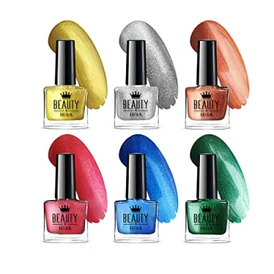 Image of Beauty4Britain Glam &amp; Shimmer Nail Polish Set 6 Stunning Shades for Vibrant, Shiny Nails Long Lasting Formula, 10 ml Each