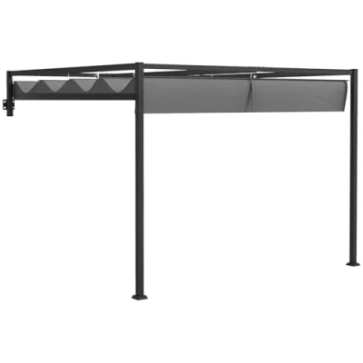 Image of Outsunny 3 x 4m Lean To Pergola with Retractable Roof, Wall Mounted Garden Gazebo Outdoor Sun Shade Shelter for Patio, Deck