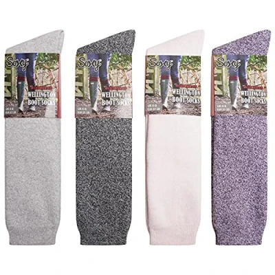 Image of Soxy Ladies Wool Blend Long Wellington Boot Socks 4 Pack Women&#039;s Welly The Original Wellie Sock Festival Walking Hiking Thermal Assorted Colours UK Shoe Size 6