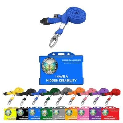 Image of Disability Awareness Card with Plain or Printed Lanyard and Matching Colour Holder 6 Colours to Choose from. Quantum Leap®