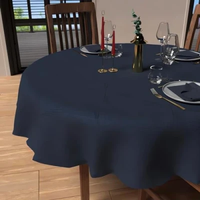 Image of Soleil d&#039;ochre Round Anti Stain Tablecloth Diameter 180 cm Luxury Midnight Blue