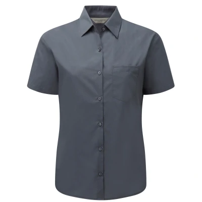Image of Russell Athletic Collection Womens/Ladies Poplin Easy Care Short Sleeved Formal Shirt (Convoy Grey) Dark Grey Size Small