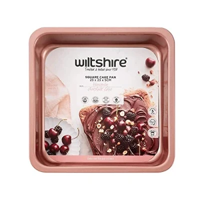 Image of Wiltshire Rose Gold Square Cake Pan, PFOA PTFE Free, Robust Non Stick Coating, Coated Baking Pie Tin, Mould, Sheet Steel Bakeware, 25x25x5cm