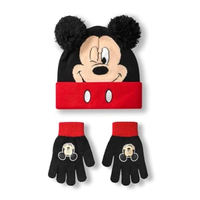 Image of Disney Mickey Mouse Boys Beanie Hat &amp; Gloves Set Black Red Knitted Winter with Pom Poms Kids One Size Character Face Classic Cartoon Merchandise Gift