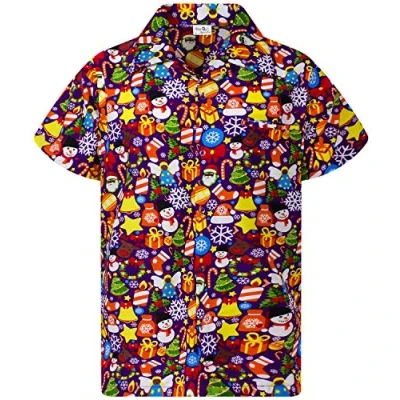 Image of King Kameha Men Christmas Santa Claus Office Party Short Sleeve Button Down Shirts, Allover, Purple, 5XL