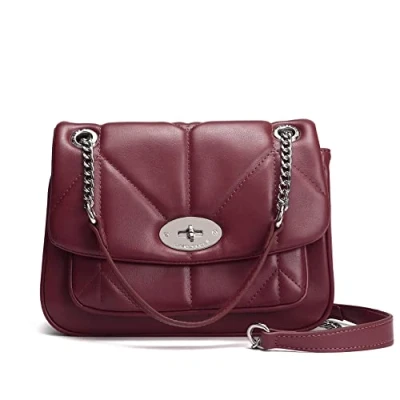 Image of David Jones Women&#039;s Crossbody Bag Quilted Girl Shoulder Chains PU Leather Clutch Messenger Medium Size Ladies Elegant Handbag Evening Party City Burgundy Red