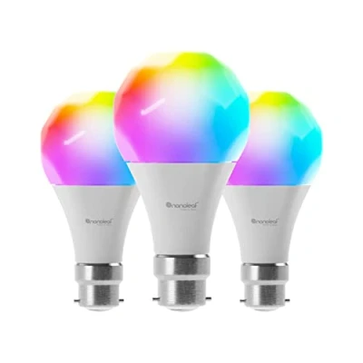 Image of Nanoleaf Essentials B22 LED Bulbs, Pack of 3 RGBW Dimmable Smart Bulbs Thread &amp; Bluetooth Colour Changing Light Works with Google Assistant Apple Homekit, for Room Decor Gaming