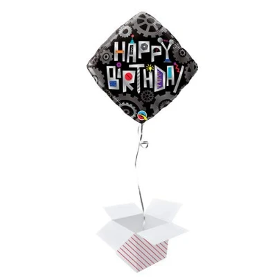 Image of Birthday Robot Cogwheels Foil Helium Qualatex Balloon Inflated in a Box