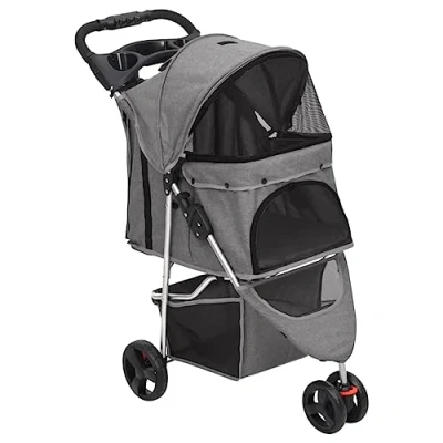 Image of vidaXL Folding Dog Stroller Portable, Safe and Comfortable Pet Pram with Breathable Mesh Grey, Oxford Fabric, Steel Frame, 80x46x98 cm