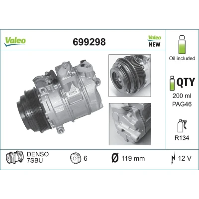 Image of 7SBU16C AC compressor VALEO NEW ORIGINAL PART 699298 7SBU16 12V PAG 46 R134a with oil MERCEDES BENZ: S Class Saloon, E Saloon