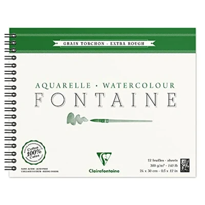 Image of Clairefontaine Ref 96321C Fontaine Extra Rough Watercolour Wirebound Pad (12 Sheets) 24 x 30cm Size, 300gsm Paper Suitable for Artwork