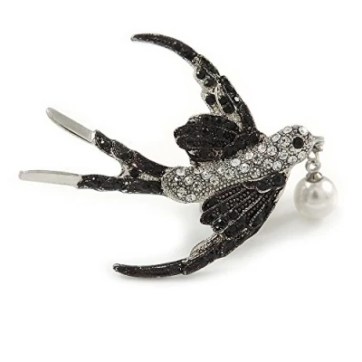 Image of Avalaya Stunning Black/Clear Crystal Swallow/Swift Brooch in Silver Tone 50mm Across