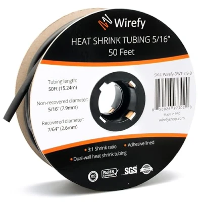 Image of Wirefy 5/16&quot; Heat Shrink Tubing 3:1 Ratio Adhesive Lined Marine Grade Black 50 Feet Roll