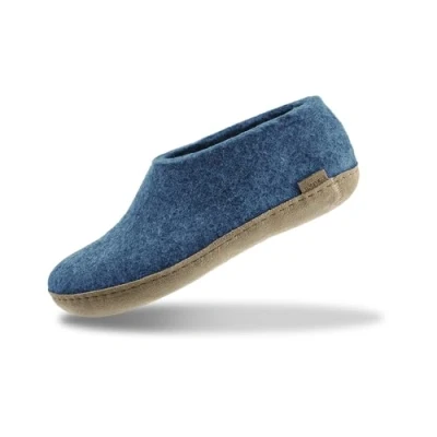 Image of GLERUPS Indoor Shoes Men &amp; Women (Blue) Unisex Wool Slippers with Leather Sole Comfy Cosy Gents and Ladies