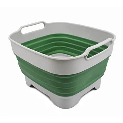 Image of SAMMART 9L Collapsible Dishpan with Draining Plug Foldable Washing Basin Portable Dish Tub Space Saving Kitchen Storage Tray (Grey/Dark Sea Green, 1)