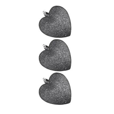 Image of Davies Glitter Hearts Christmas Tree Baubles Pk 3 Graphite Grey 57194