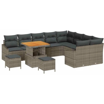 Image of vidaXL 12 Piece Garden Sofa Set with Cushions Grey Poly Rattan Acacia