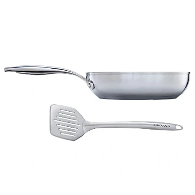 Image of Circulon SteelShield Stainless Steel Frying Pan 24cm with Slotted Turner Induction Hybrid Non Stick, Metal Utensil Safe, Oven &amp; Dishwasher Safe Cookware