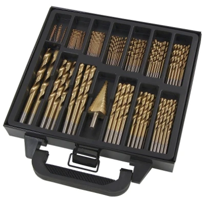 Image of 119pc Titanium Coated HSS Jobber Drill Bit Sets. 1 to 10mm &amp; 1.5 4.5mm set with Step 4 25mm. Tackle a wide range of materials from Metal, Woods, Plastics. Complete in Box Case