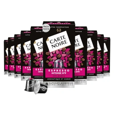 Image of Carte Noire, Espresso Intense, 100 Aluminium Capsules Compatible with Nespresso Original Coffee Machines, Dried Fruit and Chocolate Notes, 100% Arabica, Intensity 9/10, 10 Packs