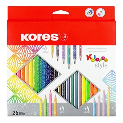 Image of Kores Kolores Style 26 Triangular Shape Colouring Pencils Metallic and Neon Colours Coloured with Soft Lead, Set of Assorted in Carton Case