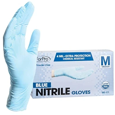 Image of ForPro Disposable Nitrile Gloves, Chemical Resistant, Powder Free, Latex Non Sterile, Food Safe, 4 Mil, Blue, Medium, 100 Count