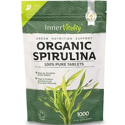 Image of Organic Spirulina Tablets 1000 Easy to Swallow 100% Pure Certified Rich in Essential Vitamins &amp; Minerals by Inner Vitality