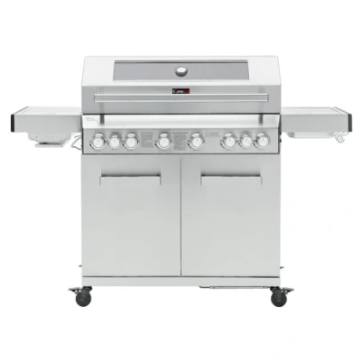 Image of CosmoGrill 8 Burner Stainless Steel Yamara 6+2 Gas BBQ, Viewing Glass, 6 Main Burners, 1 Ceramic Sear Burner, Back Cast Iron Grills &amp; Bamboo Storage (Silver)