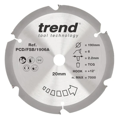Image of Trend PCD Fibre Cement Circular Saw Blade, 190mm Diameter, 20mm Bore, 6 Teeth, 2.2mm Kerf, +12 Hook, PCD, Coarse Finish, PCD/FSB/1906A