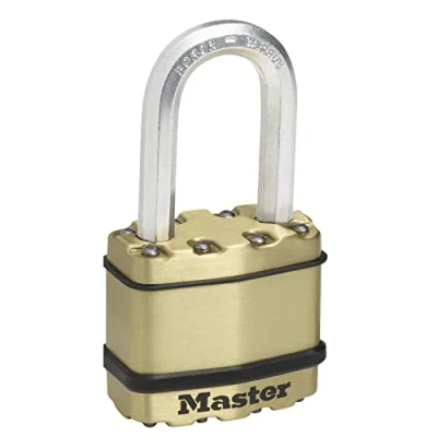 Image of MASTER LOCK Heavy Duty Padlock, Security Level 8/10, Outdoor, Keyed, Laminated Steel / Brass Finish, Weatherproof, Medium Shackle