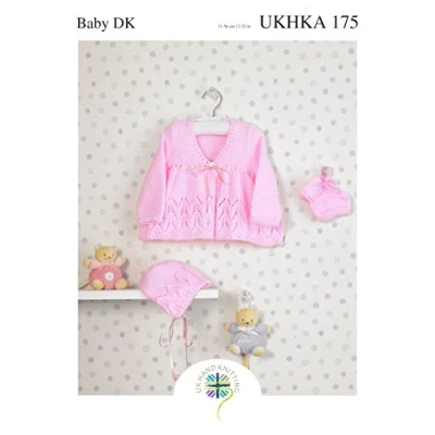 Image of Double Knitting DK Pattern Baby Lacy Matinee Coat Bonnet &amp; Bootees (UKHKA 175)