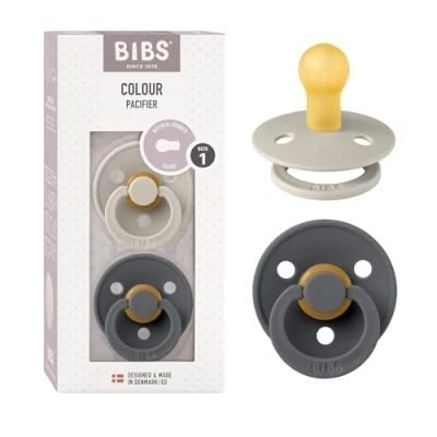 Image of BIBS Colour Soother 2 Pack, BPA Free Dummy Pacifier, Round Nipple. Natural Rubber Latex, Made in Denmark. 0 6 Months (Pack of 2), Sand/Iron