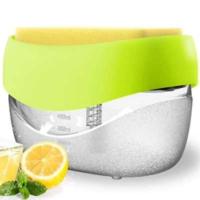 Image of Dish Soap dispenser with Sponge Holder Washing up Liquid for Kitchen Sink 2 in 1 detergent Countertop (Yellow)