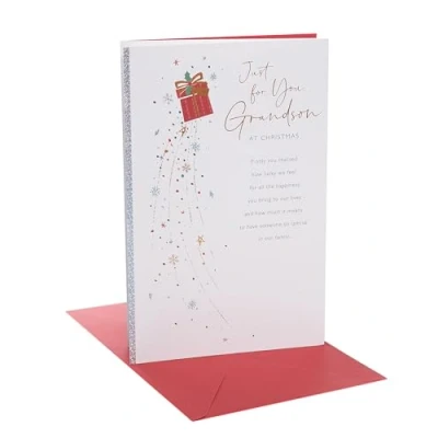 Image of UK Greetings Christmas Card for Grandson Snowflakes &amp; Present Design