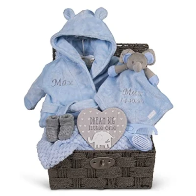 Image of Personalised Baby Gift Basket for Boys Blue Large Hamper Boy Newborn Embroidered Elephant Comforter Shower Special Unique New Soft Cute
