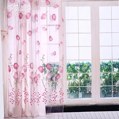 Image of Zerodis 100x200 cm Colorful Tulips Printing Window Curtains Sheer Drape Tulle Draperies for Balcony Living Room Bedroom Kitchen Decorations(Pink)