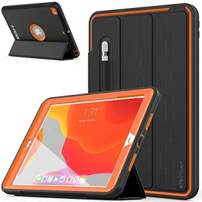 Image of TECHGEAR D FENCE Design For Apple iPad 10.2&quot; 2021/2020 / 2019 9th, 8th, 7th Generation, Slim Shockproof Tough Rugged Protective Armour Smart Case + Stand, Schools Builders Workman Kids [Orange]