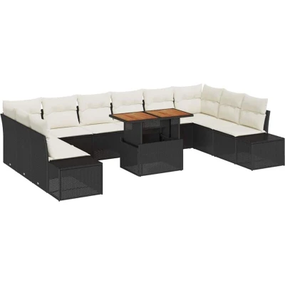 Image of vidaXL 11 Piece Garden Dining Set with Cushions Black Poly Rattan Acacia