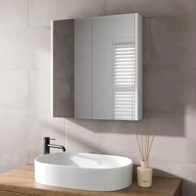 Image of AURORA® 600 x 650mm Bathroom Mirror Cabinet Storage Wall Mounted Cupboard Ready Assembled Unit Double Mirrored Door, White Gloss