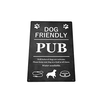 Image of Dog Friendly Pub Printed Vinyl Waterproof Sign Stylish and Bold, Ideal for Pubs, Hotels, Interior Exterior use, with Drill Holes. Shipped Globally. (Black)
