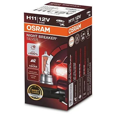 Image of OSRAM NIGHT BREAKER SILVER H11, +100% more brightness, halogen headlamp, 64211NBS, 12V, passenger car, folding box (1 lamp)