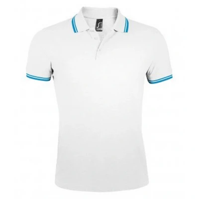 Image of SOLS Mens Pasadena Tipped Short Sleeve Pique Polo Shirt (White/Aqua Blue) Multicolour Cotton Size Medium