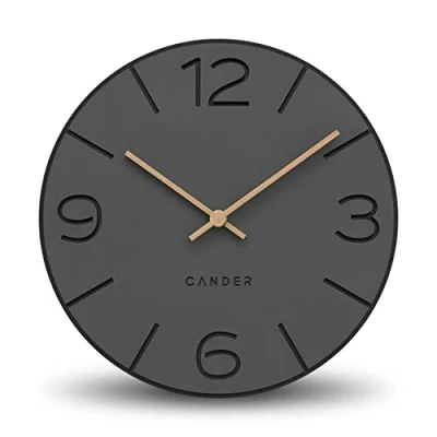 Image of Cander Berlin MNU 2630 Y Wall Clock Silent No Ticking 30 cm Analogue Living Room Modern Vintage Grey Black Wooden Hands