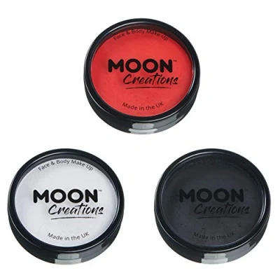 Image of Moon Creations Pro Face &amp; Body Makeup Bright Red, White, Black Set 36g Professional Colour Paint Cake Pots For Painting Kids, Adults, Fancy Dress, Festivals, Halloween