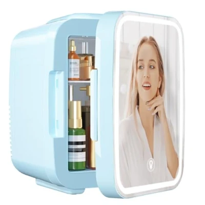 Image of YASHE Mini Fridge for Bedroom, Skincare with LED Light Mirror, 4L Small Portable,220V AC/ 12V DC Thermoelectric Warmer &amp; Cooler Car Office Dorm(Blue)