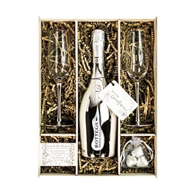 Image of Bottega White Gold Sparkling Wine 75cl Gift Set Hamper With 2 Metallic Silver Champagne Flutes, Chocolates and Box Thank You For Him Her (Metallic Stems)