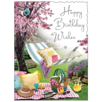 Image of Jonny Javelin Female Birthday Card Happy with Cherry Blossom Picnic and Hammock Design an Embossed Foil Finish for Women or Girls
