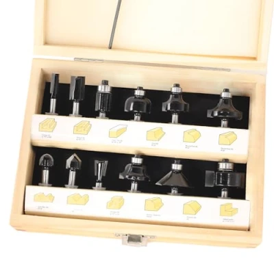 Image of Akylin 12Pcs Router Bit Set 1/4 Inch Shank K10 Tungsten Carbide Tipped Bits, Cutters with Carry Wood Case + Wrench Key , for Woodworking Beginner